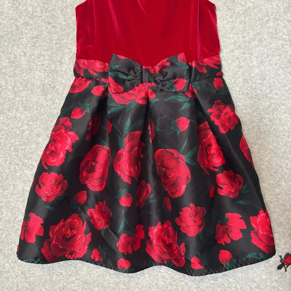 Childrens Place Girl's 6 Formal Dress Red Velvet Floral Rose Holiday Party Dress
